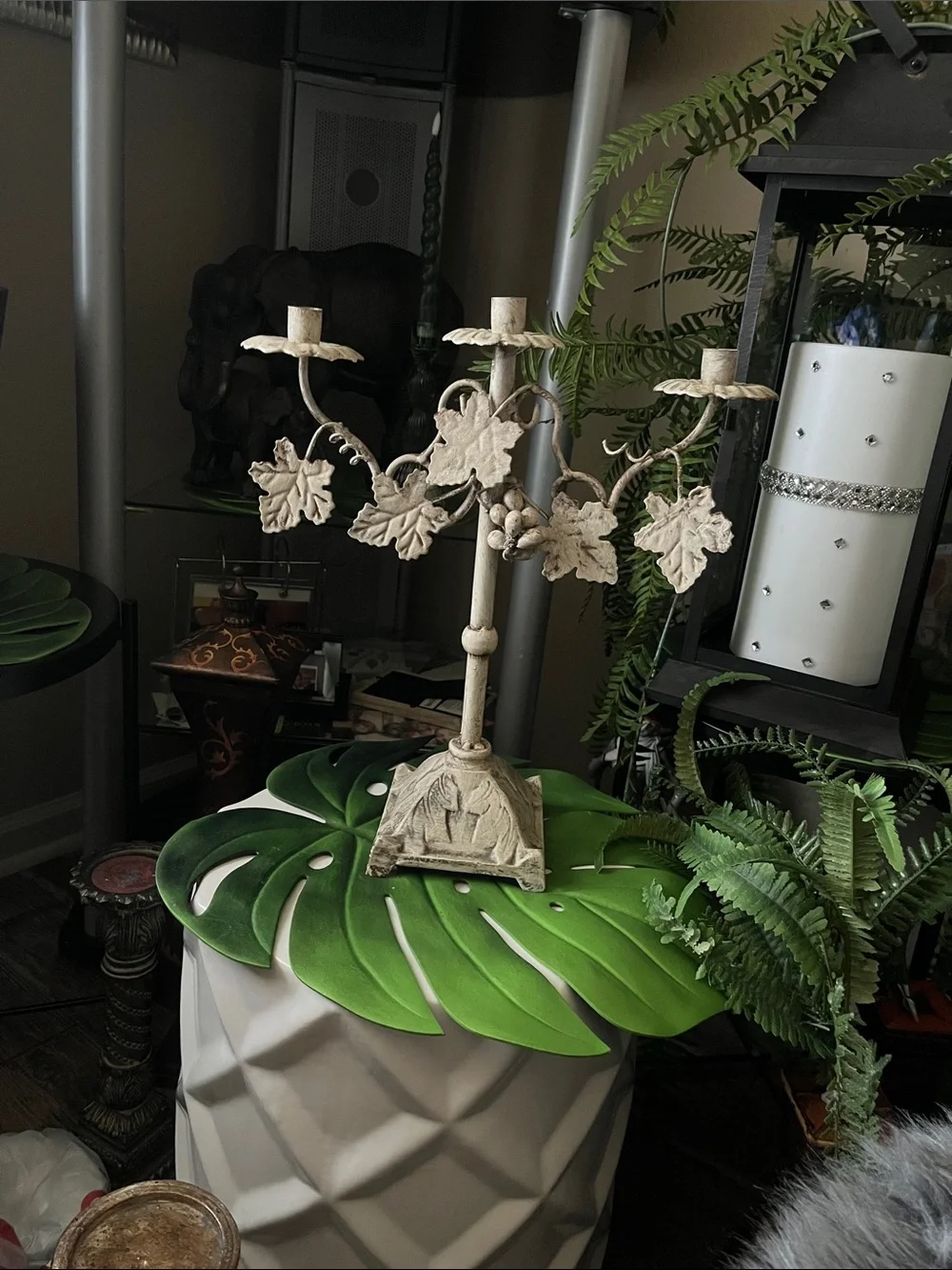 Cream Metal Grape Leaf 3-Arm Candelabra